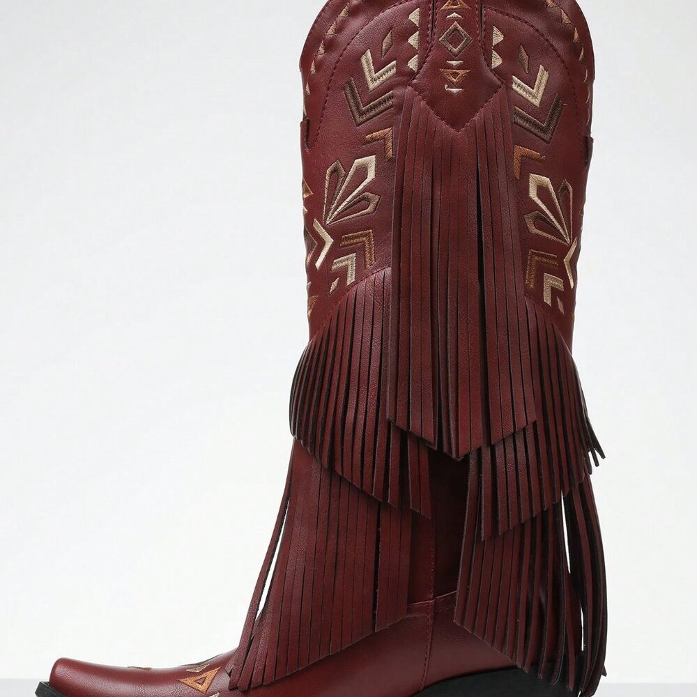 Burgundy Bohemian Women's Cowgirl Western Boots Fringe Tassel Chunky High Heels - Picture 4 of 6